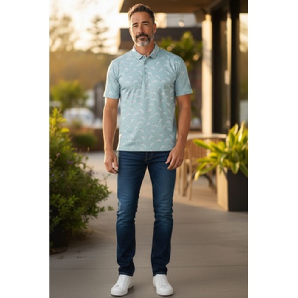 Matte Grey Polo Shirt Mens 2XL Green 5 O'Clock Somewhere Golf‎ Performance AOP